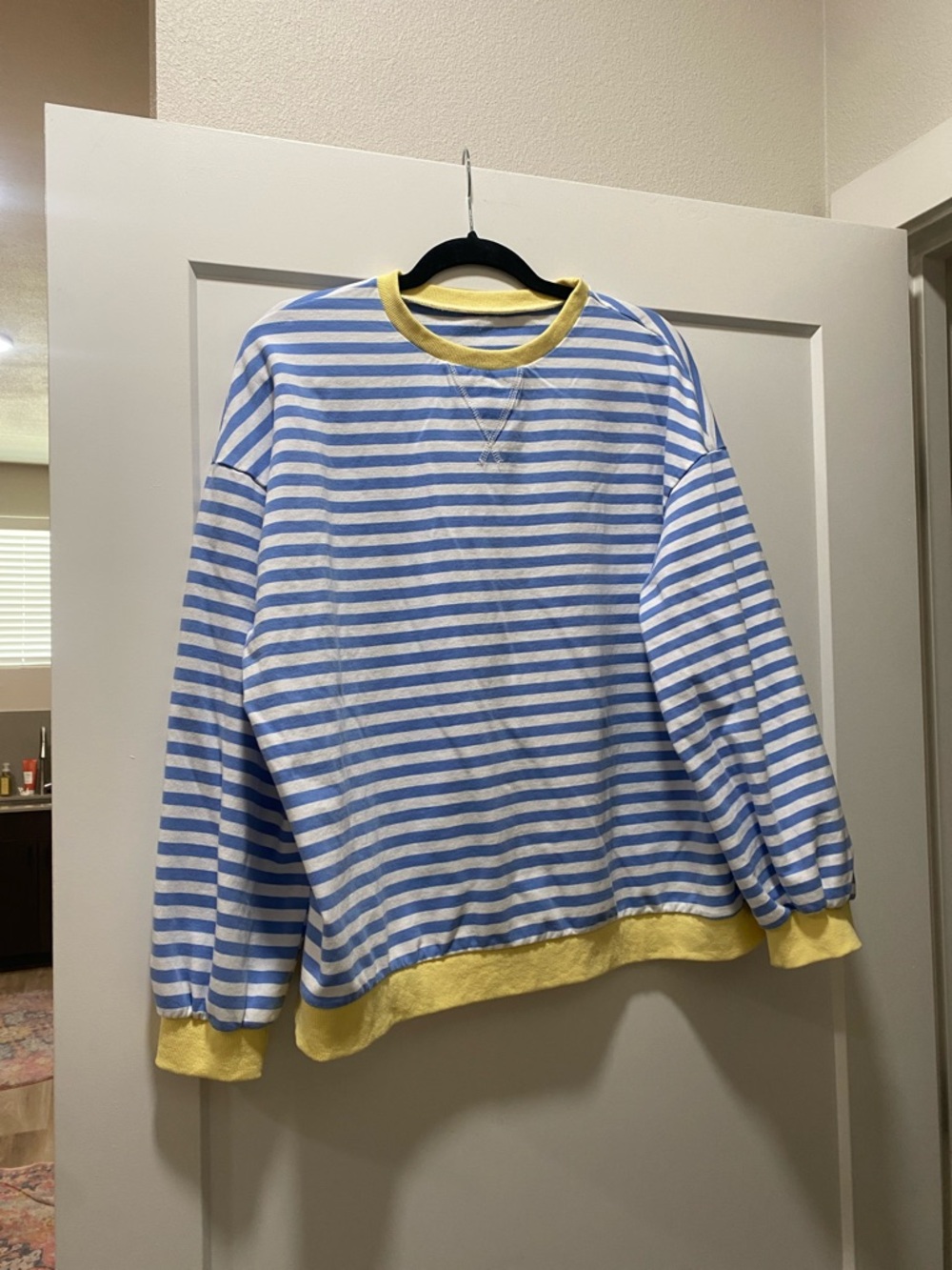 Blue & White Striped Sweatshirt with Yellow Trim